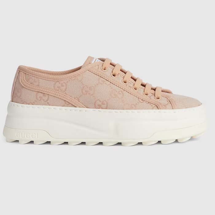 Gucci Women GG Sneaker Pink Original Canvas Rubber Interlocking G Lace-Up Flat