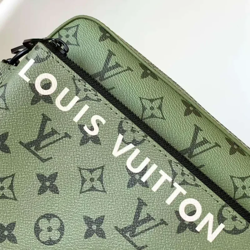 Louis Vuitton LV Unisex Trio Messenger Khaki Green Vermillion Red Monogram Canvas Cowhide Leather