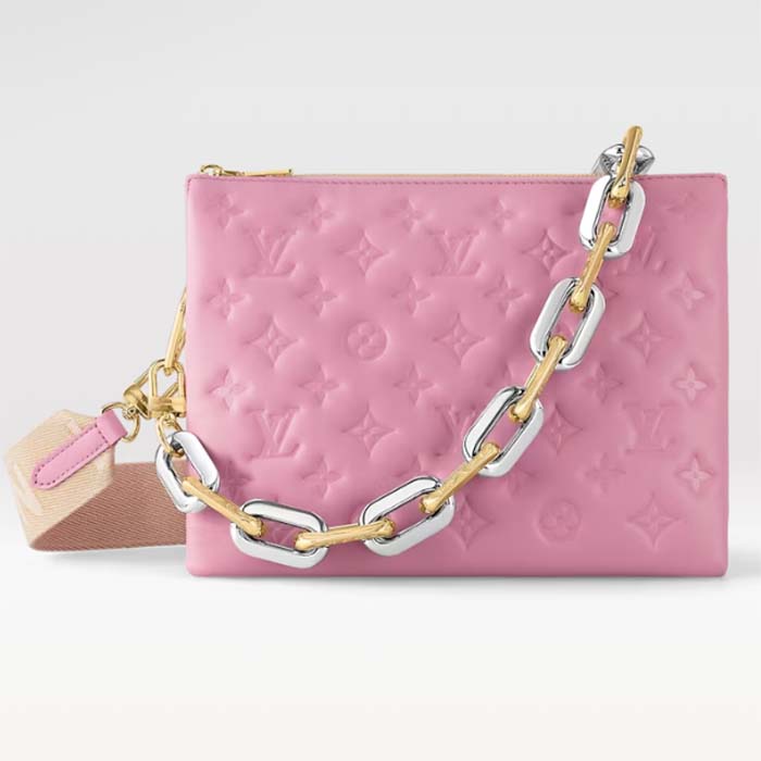 Louis Vuitton LV Women Coussin PM Handbag Rose Bonbon Pink Lambskin Cowhide Leather