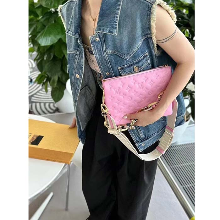Louis Vuitton LV Women Coussin PM Handbag Rose Bonbon Pink Lambskin Cowhide Leather