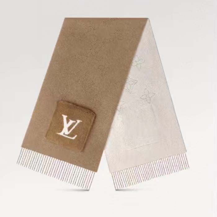 Louis Vuitton Unisex LV Cosy Mink Fur Collection Scarf Cashmere Beige Jacquard Initials Monogram Flowers