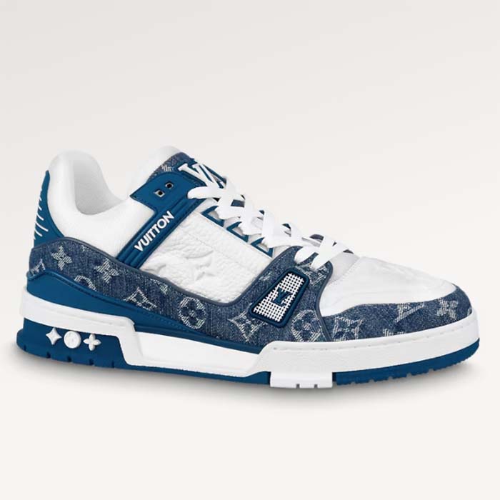 Louis Vuitton Unisex LV Trainer Sneaker Blue Monogram Denim Monogram-Embossed Grained Calf Leather