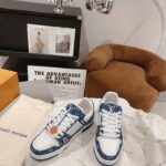 Louis Vuitton Unisex LV Trainer Sneaker Blue Monogram Denim Monogram-Embossed Grained Calf Leather - Imagen 5
