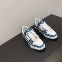 Louis Vuitton Unisex LV Trainer Sneaker Blue Monogram Denim Monogram-Embossed Grained Calf Leather (10)