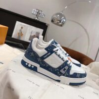 Louis Vuitton Unisex LV Trainer Sneaker Blue Monogram Denim Monogram-Embossed Grained Calf Leather (10)