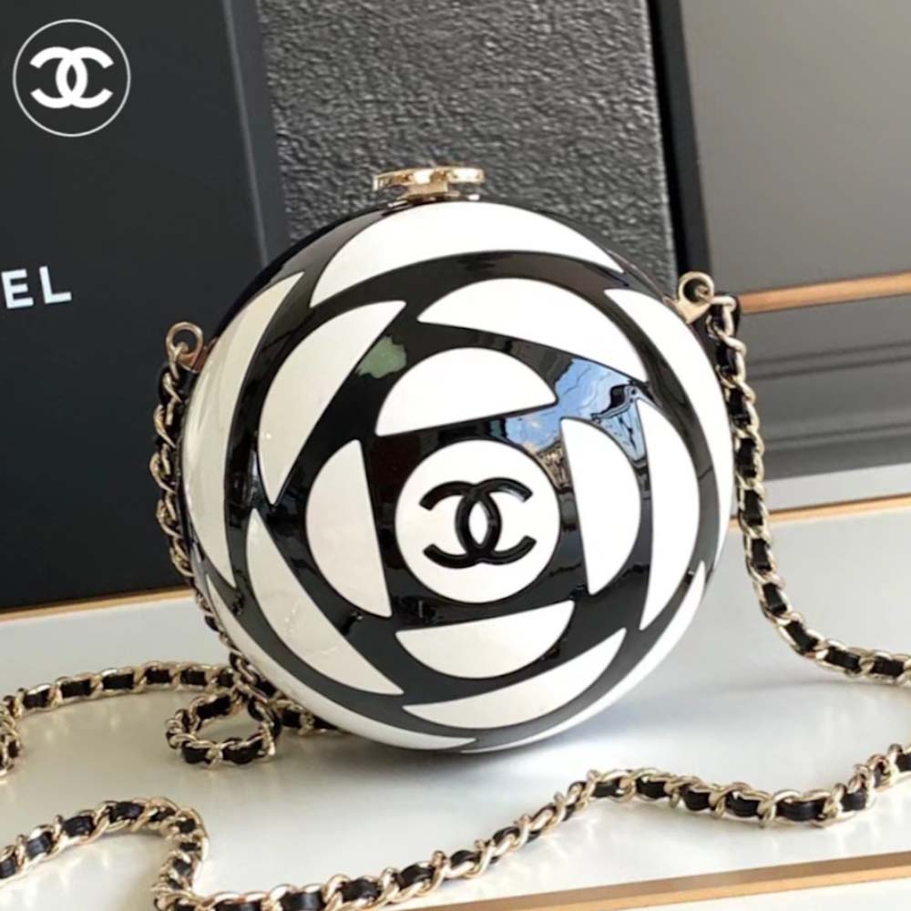 Chanel Unisex CC Sphere Minaudiere Bag Gold-Tone Metal Black White (1)