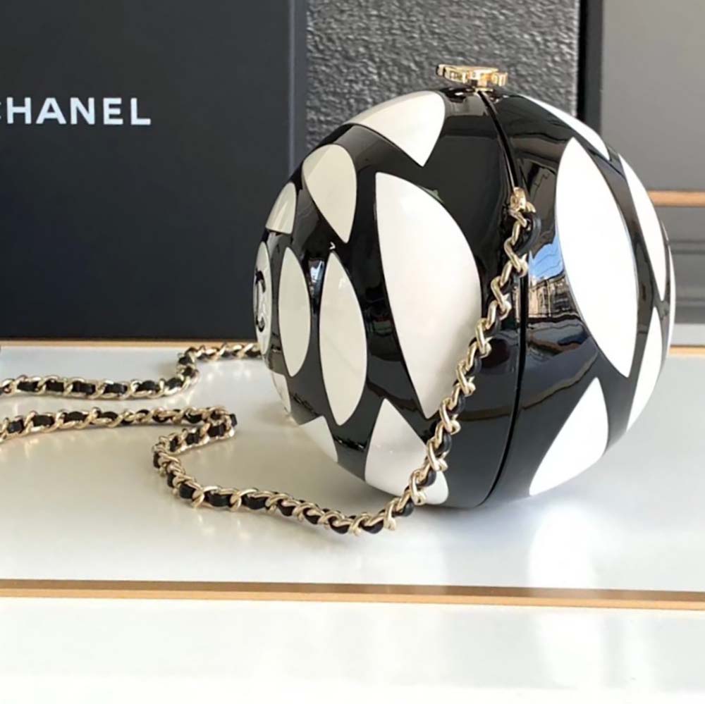 Chanel Unisex CC Sphere Minaudiere Bag Gold-Tone Metal Black White (5)