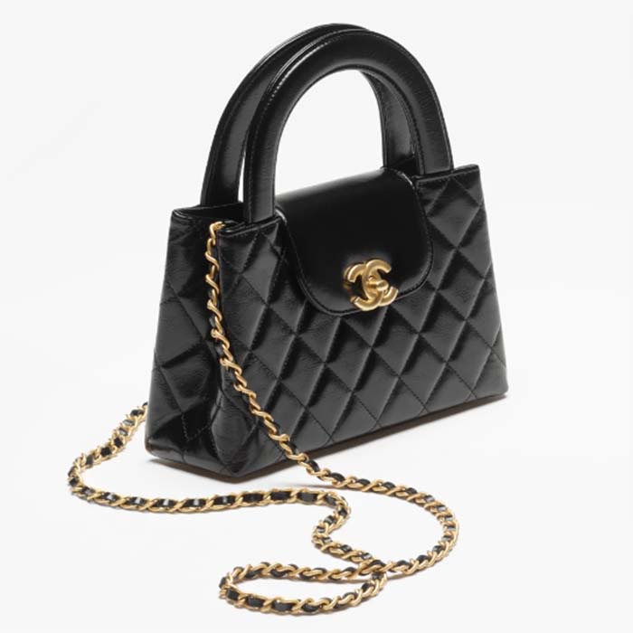 Chanel Women CC Mini Shopping Bag Shiny Aged Calfskin Gold-Tone Metal Black
