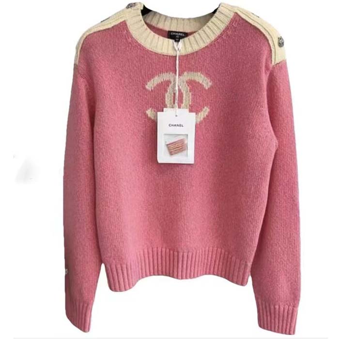 Chanel Women CC Pullover Wool Mixed Fibers Cashmere Sweater Pink White (1)