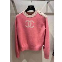 Chanel Women CC Pullover Wool Mixed Fibers Cashmere Sweater Pink White (1)