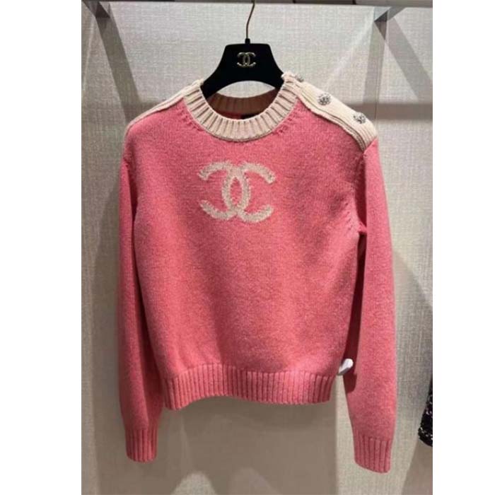 Chanel Women CC Pullover Wool Mixed Fibers Cashmere Sweater Pink White (2)