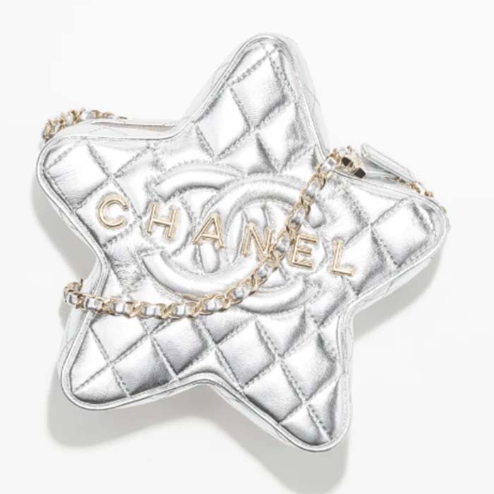 Chanel Women CC Star Handbag Metallic Lambskin Gold-Tone Metal Silver
