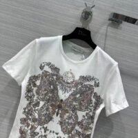 Dior Women CD T-Shirt White Cotton Linen Jersey Pastel Pink Butterfly Around The World Motif (3)