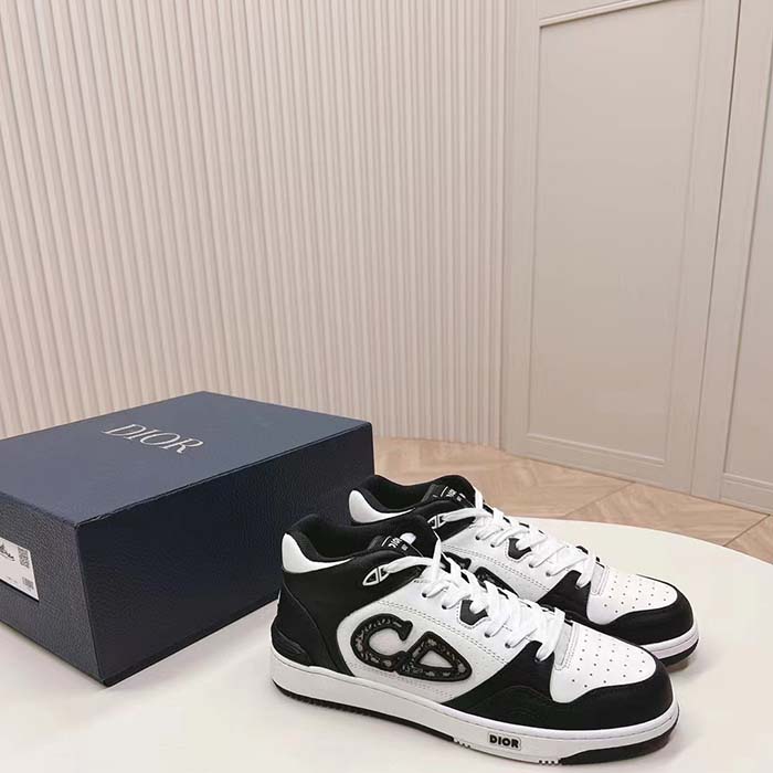 Dior Unisex CD B57 Mid-Top Sneaker Black White Smooth Calfskin Beige Black Oblique Jacquard
