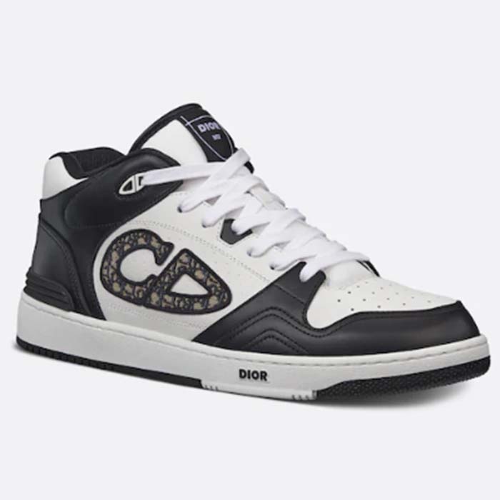 Dior Unisex CD B57 Mid-Top Sneaker Black White Smooth Calfskin Beige Black Oblique Jacquard