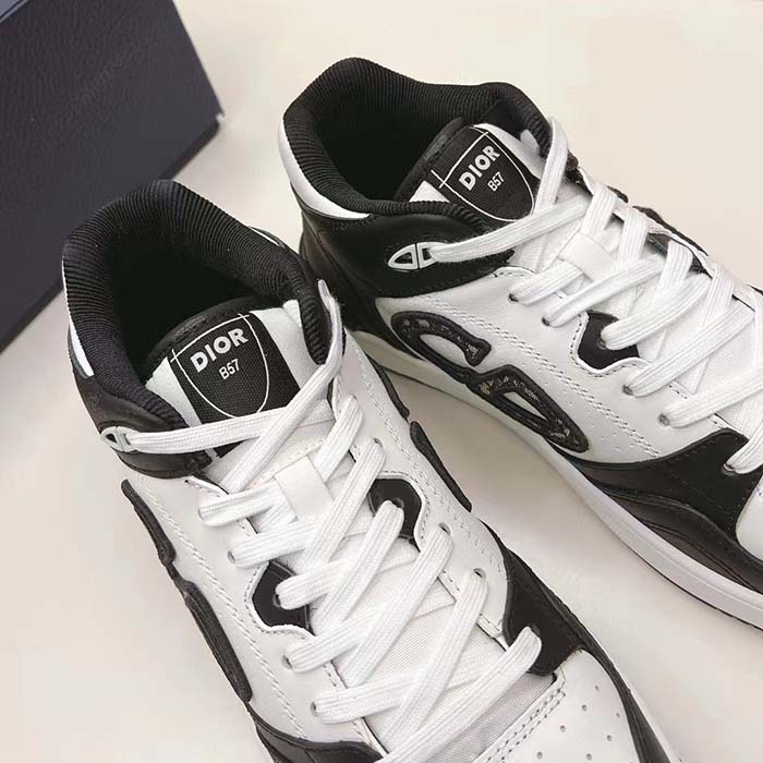 Dior Unisex CD B57 Mid-Top Sneaker Black White Smooth Calfskin Beige Black Oblique Jacquard