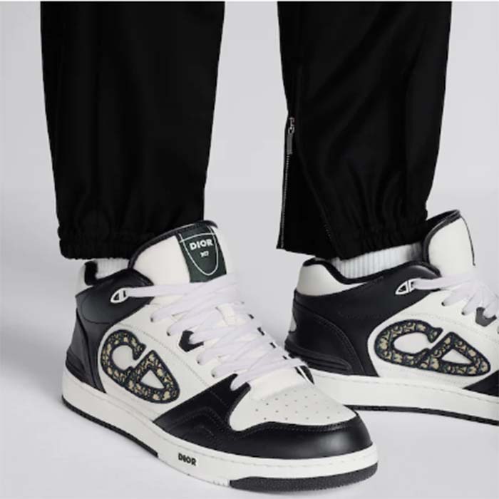 Dior Unisex CD B57 Mid-Top Sneaker Black White Smooth Calfskin Beige Black Oblique Jacquard