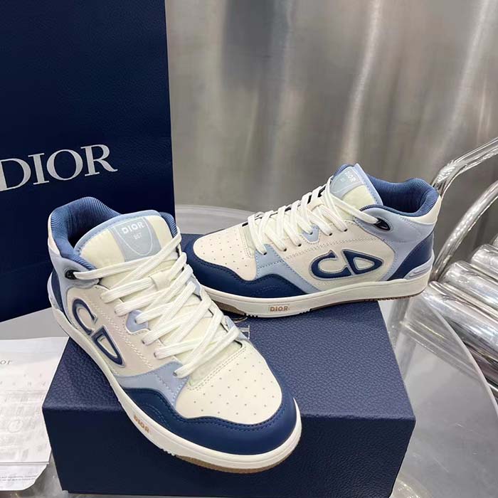 Dior Unisex CD B57 Mid-Top Sneaker Navy Blue Cream Smooth Calfskin Gray Suede