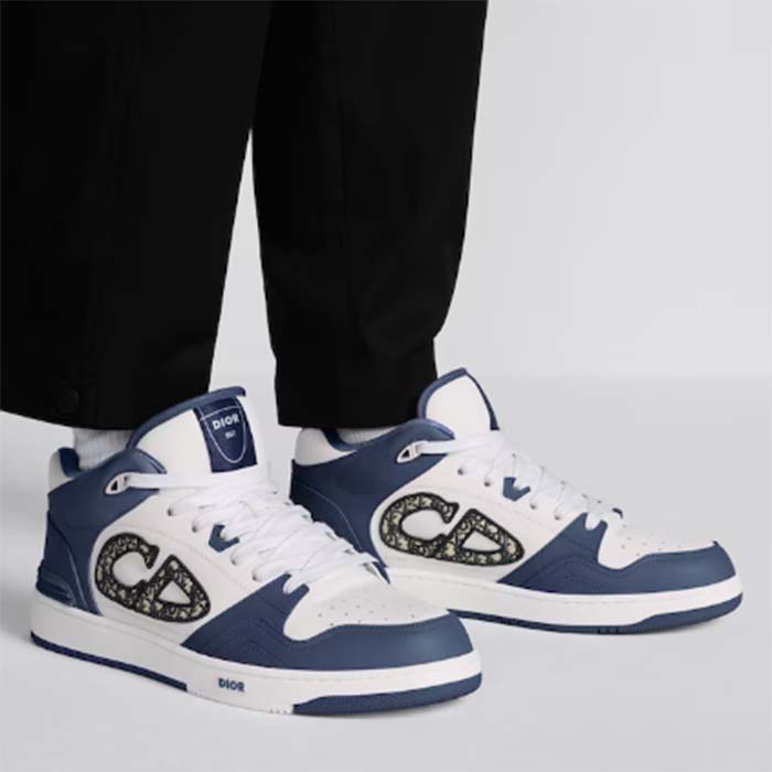 Dior Unisex CD B57 Mid-Top Sneaker Navy White Smooth Calfskin Beige Black Oblique Jacquard