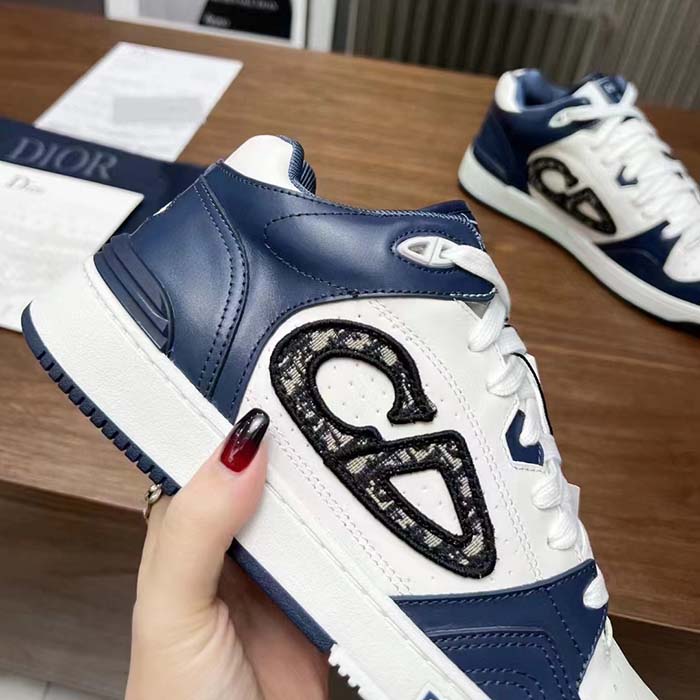 Dior Unisex CD B57 Mid-Top Sneaker Navy White Smooth Calfskin Beige Black Oblique Jacquard