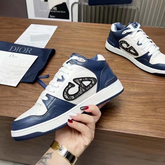 Dior Unisex CD B57 Mid-Top Sneaker Navy White Smooth Calfskin Beige Black Oblique Jacquard