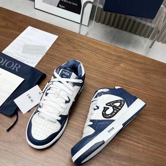 Dior Unisex CD B57 Mid-Top Sneaker Navy White Smooth Calfskin Beige Black Oblique Jacquard