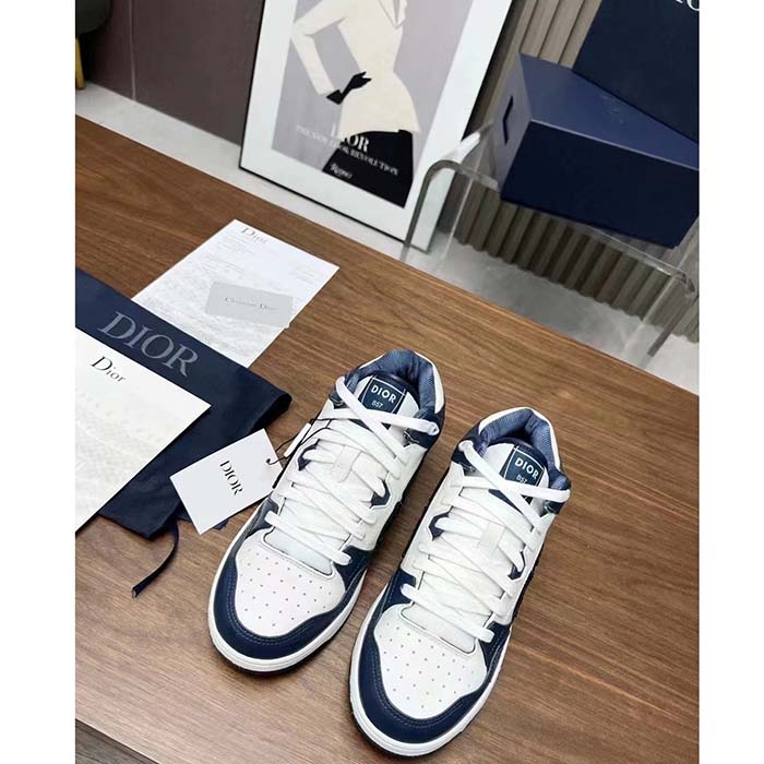 Dior Unisex CD B57 Mid-Top Sneaker Navy White Smooth Calfskin Beige Black Oblique Jacquard