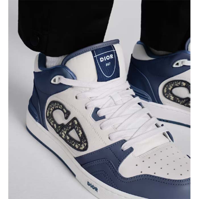 Dior Unisex CD B57 Mid-Top Sneaker Navy White Smooth Calfskin Beige Black Oblique Jacquard
