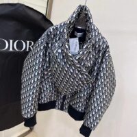 Dior Women CD Bomber Jacket Criss Cross Collar Blue Ecru Technical Taffeta Jacquard Oblique Motif (19)