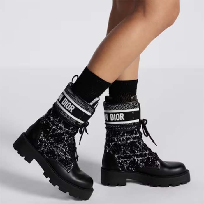 Dior Women CD D-Major Ankle Boot Black Calfskin Black White Cannage Tweed (1)