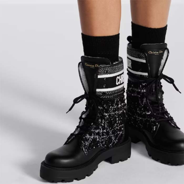 Dior Women CD D-Major Ankle Boot Black Calfskin Black White Cannage Tweed (2)