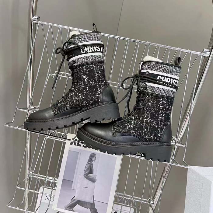 Dior Women CD D-Major Ankle Boot Black Calfskin Black White Cannage Tweed (7)
