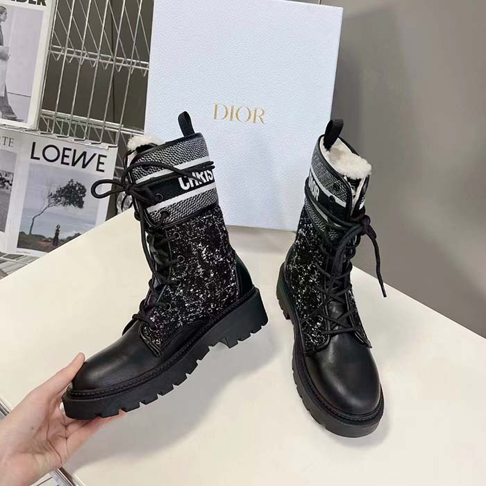 Dior Women CD D-Major Ankle Boot Black Calfskin Black White Cannage Tweed (9)