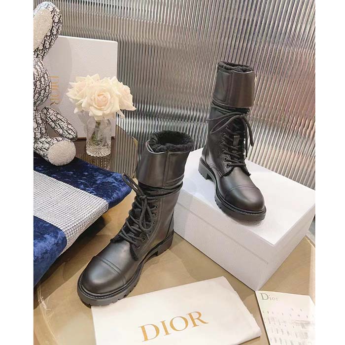 Dior Women CD D-Trap Ankle Boot Black Calfskin Shearling Strap Two Dior Buckles (2)