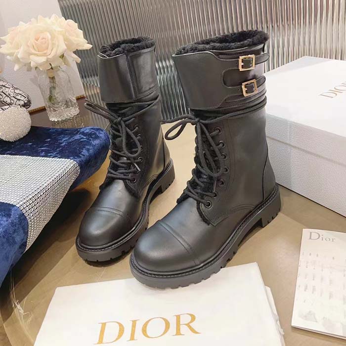 Dior Women CD D-Trap Ankle Boot Black Calfskin Shearling Strap Two Dior Buckles (5)