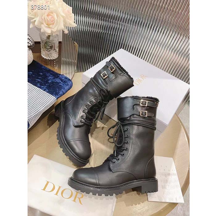 Dior Women CD D-Trap Ankle Boot Black Calfskin Shearling Strap Two Dior Buckles (8)