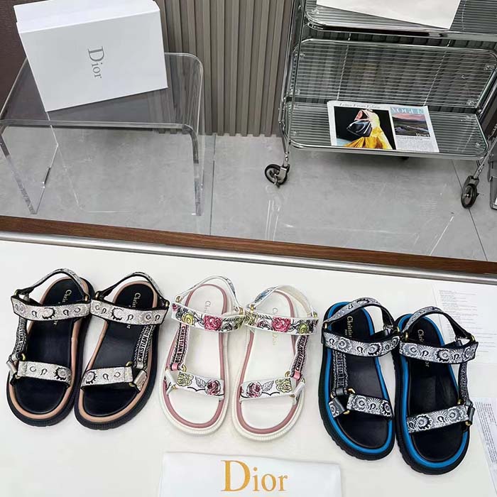 Dior Women CD D-Wave Sandal Beige Multicolor Embroidered Cotton Butterfly Bandana Motif (1)