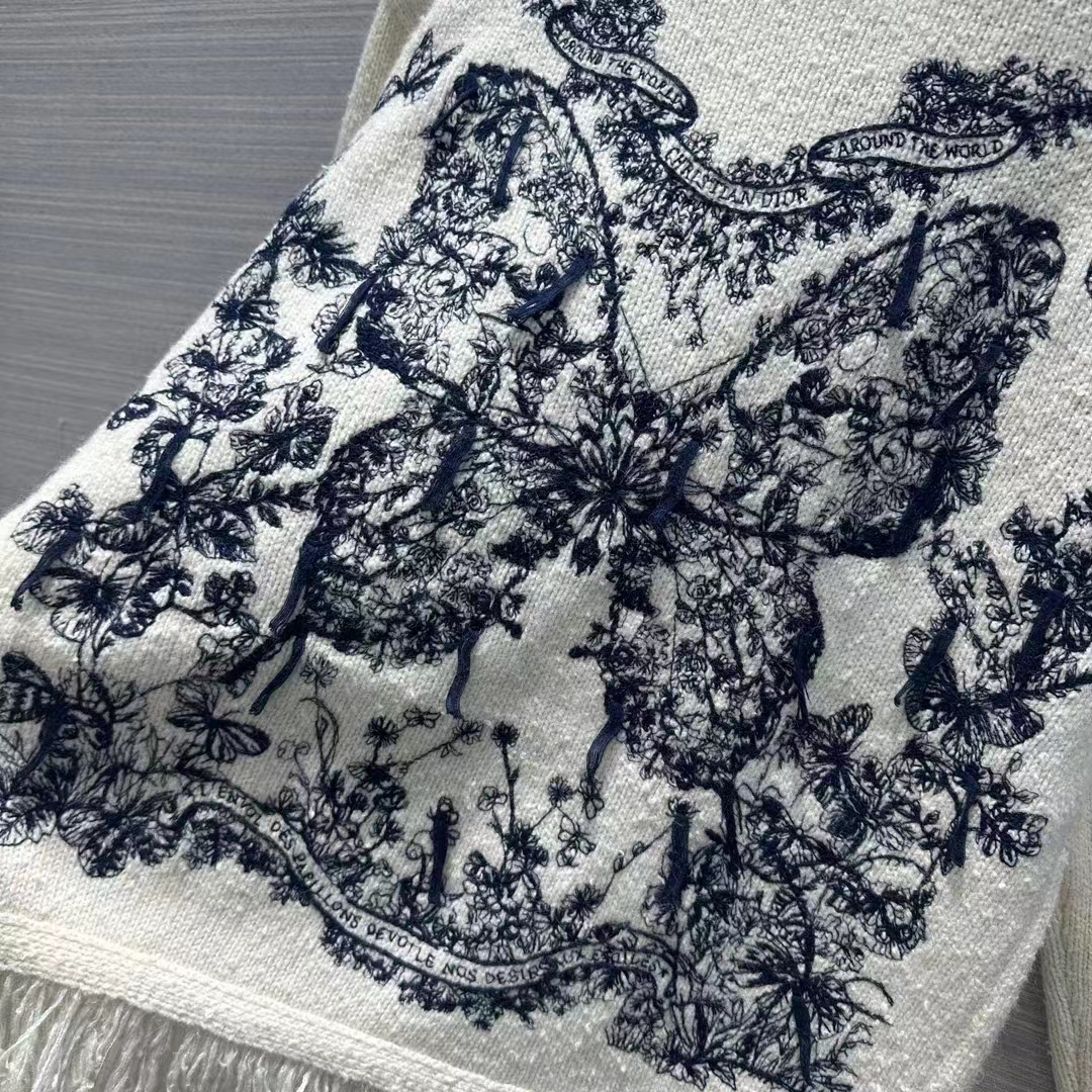 Dior Women CD Embroidered Jacket White Wool Cotton Alpaca Technical Knit Pastel Midnight Blue Butterfly