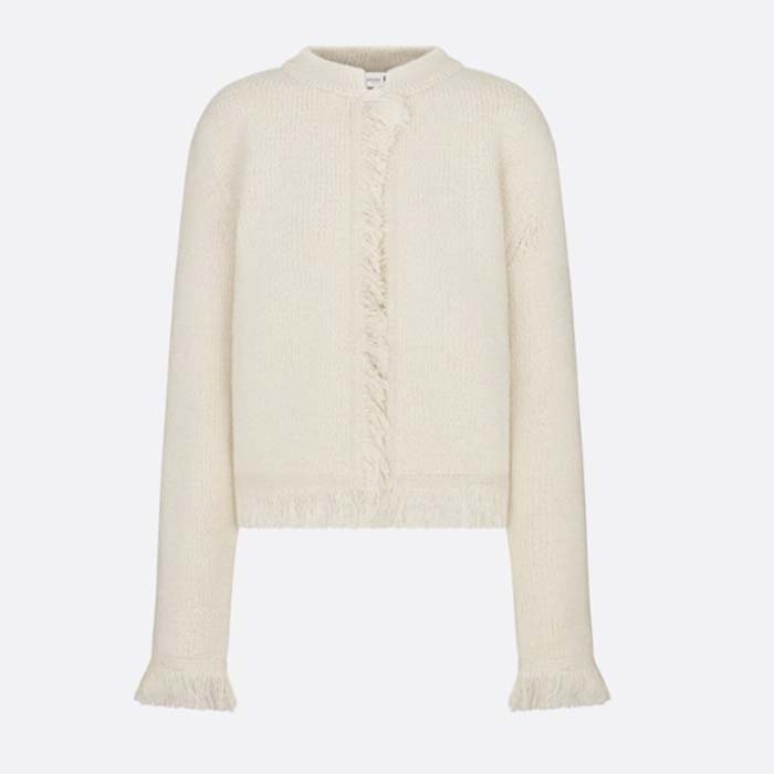 Dior Women CD Embroidered Jacket White Wool Cotton Alpaca Technical Knit Pastel Midnight Blue Butterfly