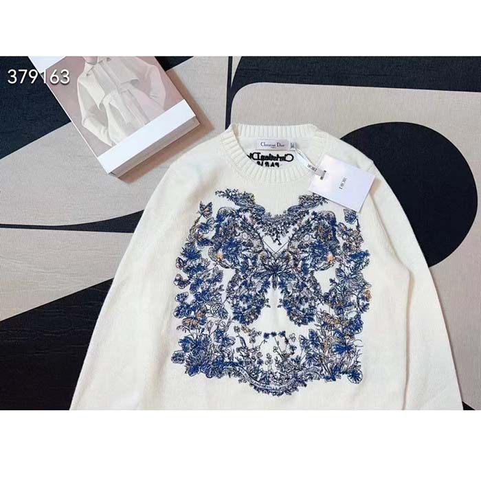 Dior Women CD Embroidered Sweater Ecru Cashmere Knit Pastel Midnight Blue Butterfly Around The World (14)