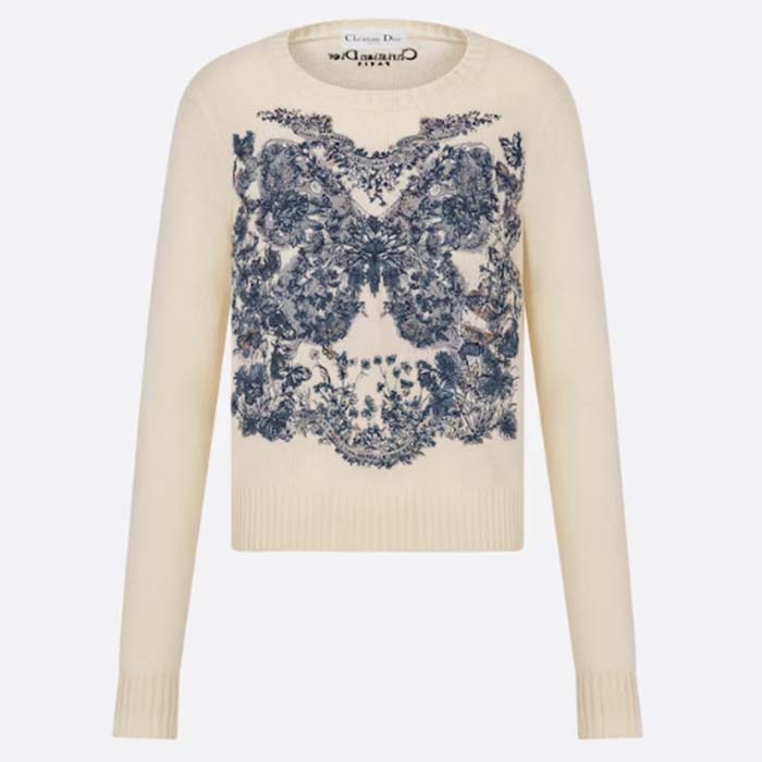 Dior Women CD Embroidered Sweater Ecru Cashmere Knit Pastel Midnight Blue Butterfly Around The World
