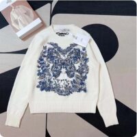 Dior Women CD Embroidered Sweater Ecru Cashmere Knit Pastel Midnight Blue Butterfly Around The World (5)