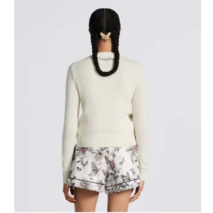 Dior Women CD Embroidered Sweater Ecru Cashmere Knit Pastel Pink Butterfly Around The World Motif (1)