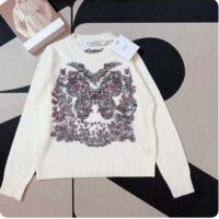 Dior Women CD Embroidered Sweater Ecru Cashmere Knit Pastel Pink Butterfly Around The World Motif (8)