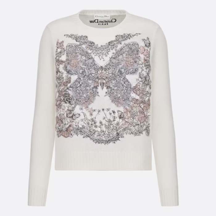 Dior Women CD Embroidered Sweater Ecru Cashmere Knit Pastel Pink Butterfly Around The World Motif