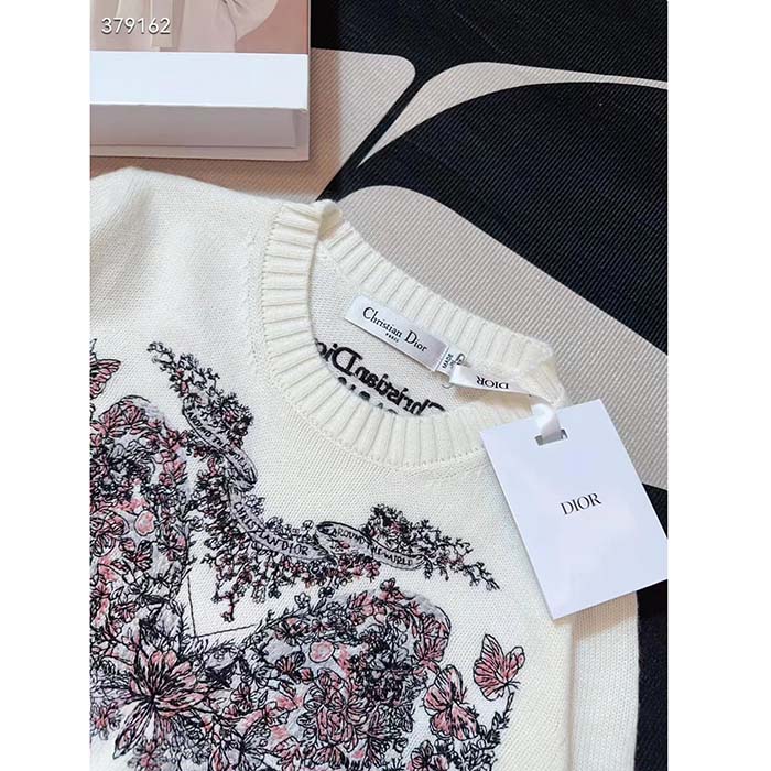 Dior Women CD Embroidered Sweater Ecru Cashmere Knit Pastel Pink Butterfly Around The World Motif (9)