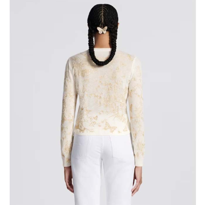 Dior Women CD Embroidered Sweater White Wool Cashmere Knit Gold-Tone Butterflies Motif