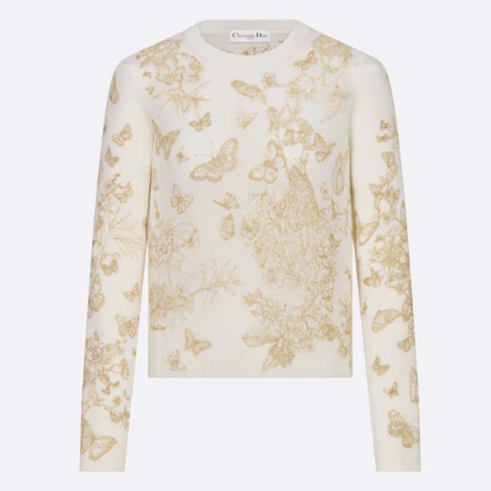 Dior Women CD Embroidered Sweater White Wool Cashmere Knit Gold-Tone Butterflies Motif