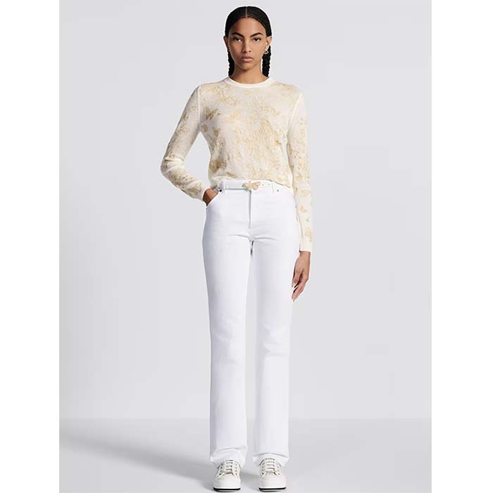 Dior Women CD Embroidered Sweater White Wool Cashmere Knit Gold-Tone Butterflies Motif
