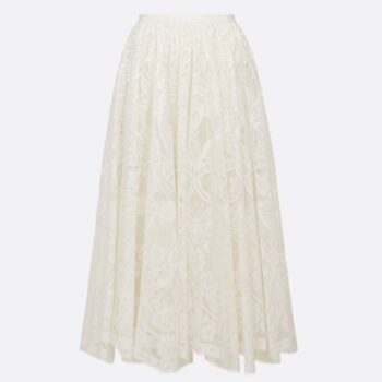 Dior Women CD Flared Mid-Length Skirt Ecru Technical Cotton Lace Allover Butterfly Motif